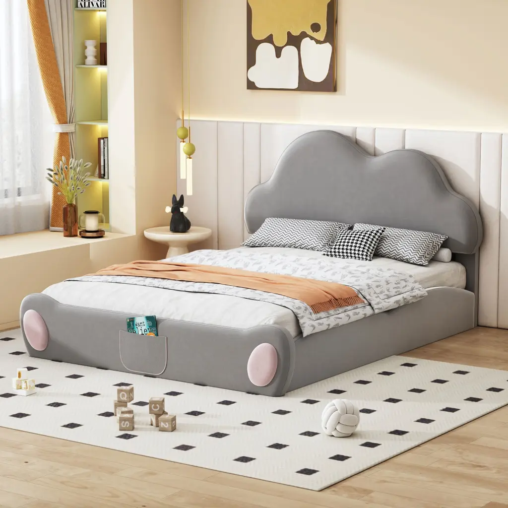 Queen Size Cloud Influenced Upholstered Platform Bed Rounded Headboard lucky world