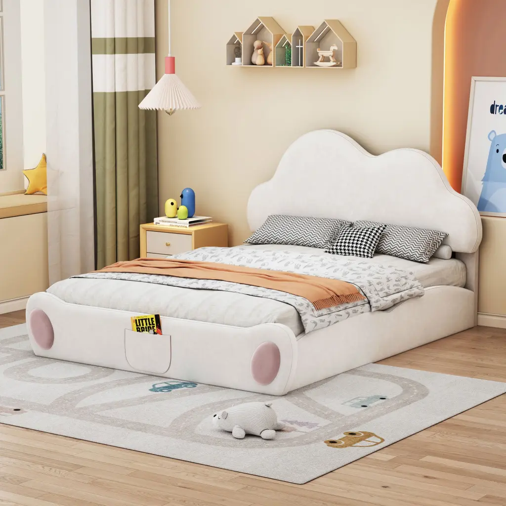Queen Size Cloud Shaped Headboard Upholstered Platform Bed Rounded Edges lucky world