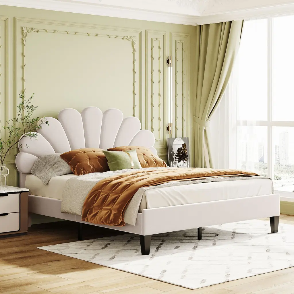 Queen Size Upholstered Platform Bed Flower Pattern Velvet Headboard lucky world