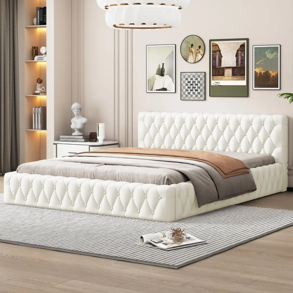 Queen Size Velvet Upholstered Platform Bed Opulent Diamond Grid lucky world