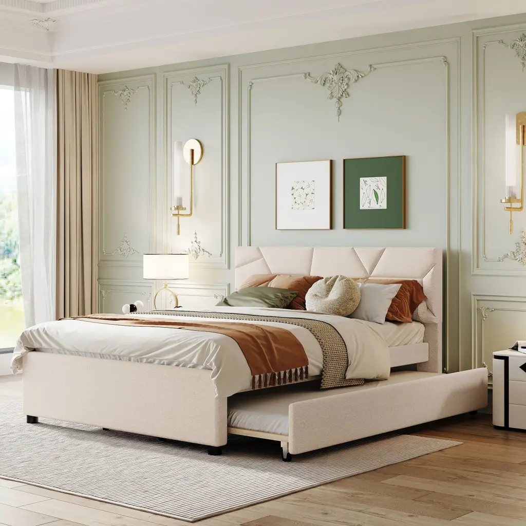 Queen Upholstered Platform Bed Brick Pattern Headboard and Tufted lucky world