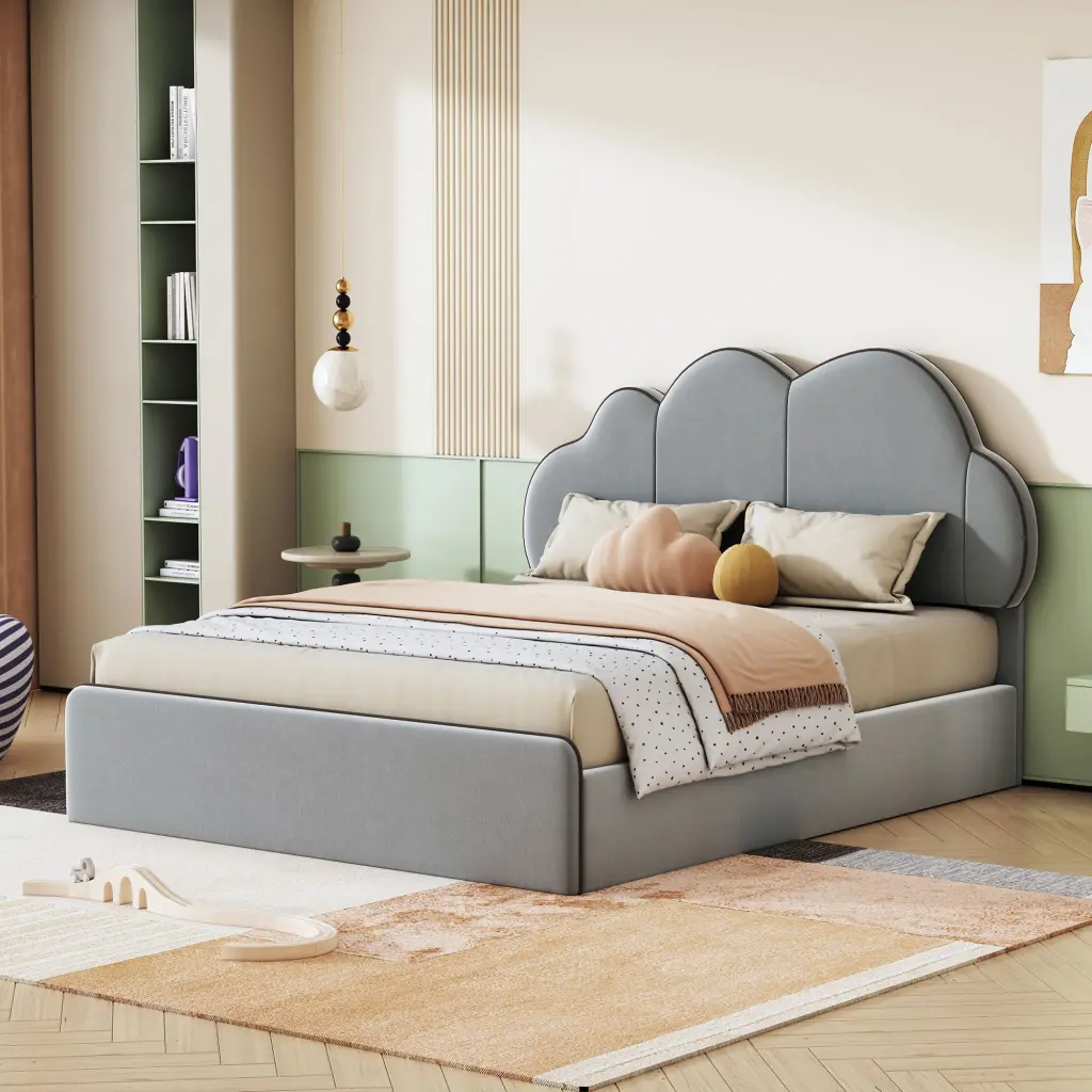 Queen Upholstered Platform Bed Cloud Shaped Headboard Gray lucky world