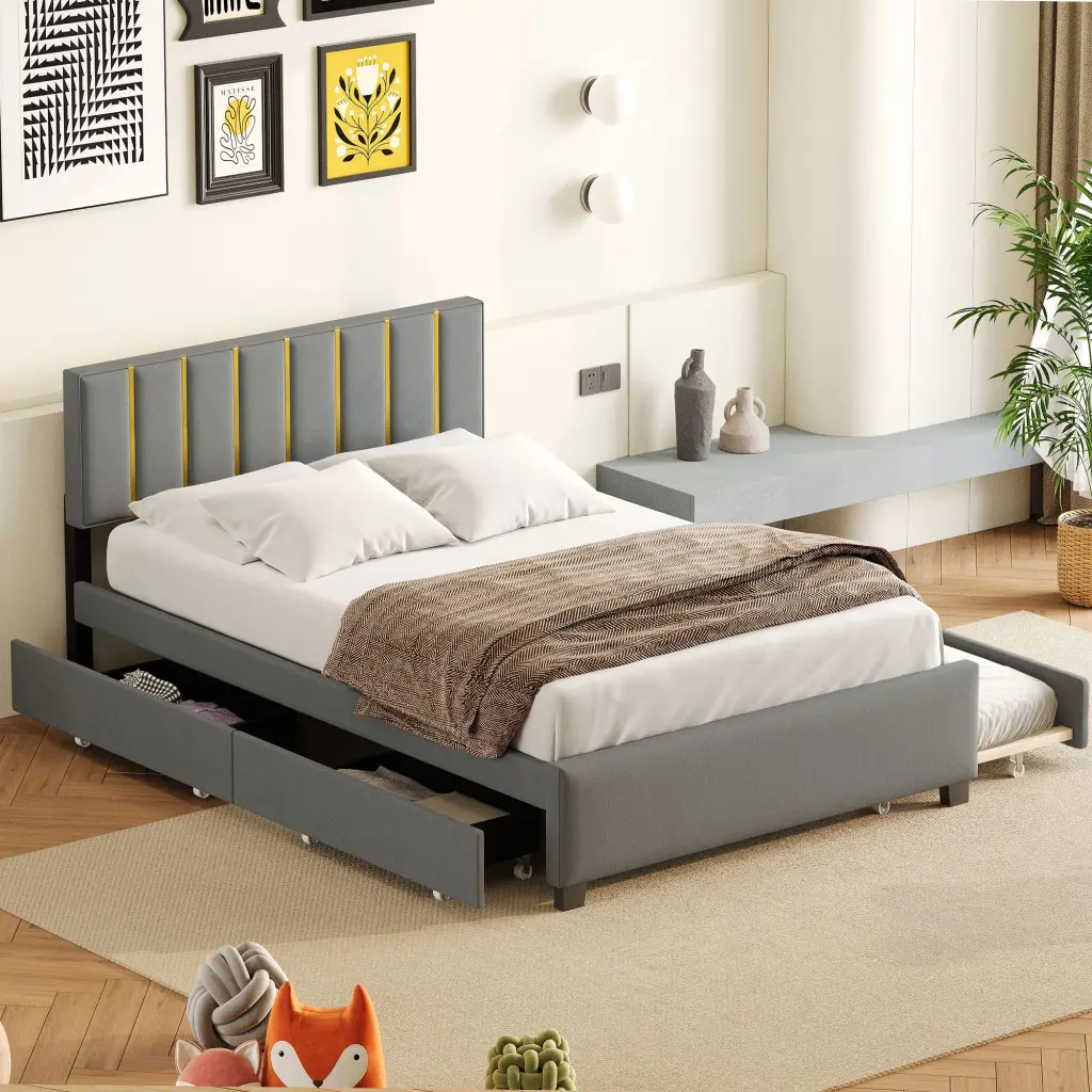 Queen Upholstered Platform Bed 2 Drawers And Trundle Classic Design lucky world
