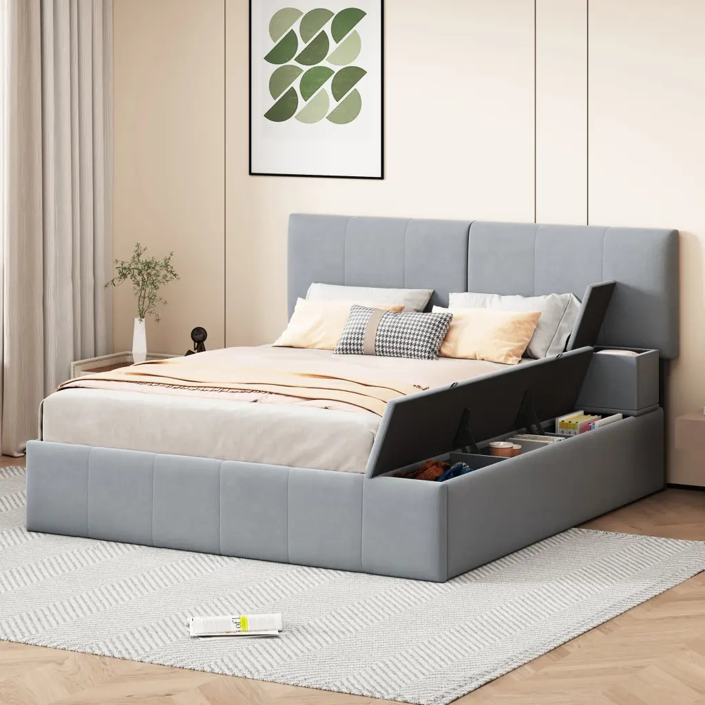 Queen Upholstered Platform Bed Lateral Storage Compartments Modern Design lucky world
