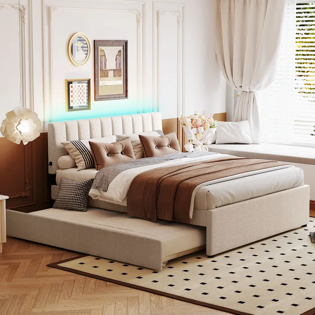 Teddy Fleece Queen Upholstered Platform Bed Trundle - Beige lucky world