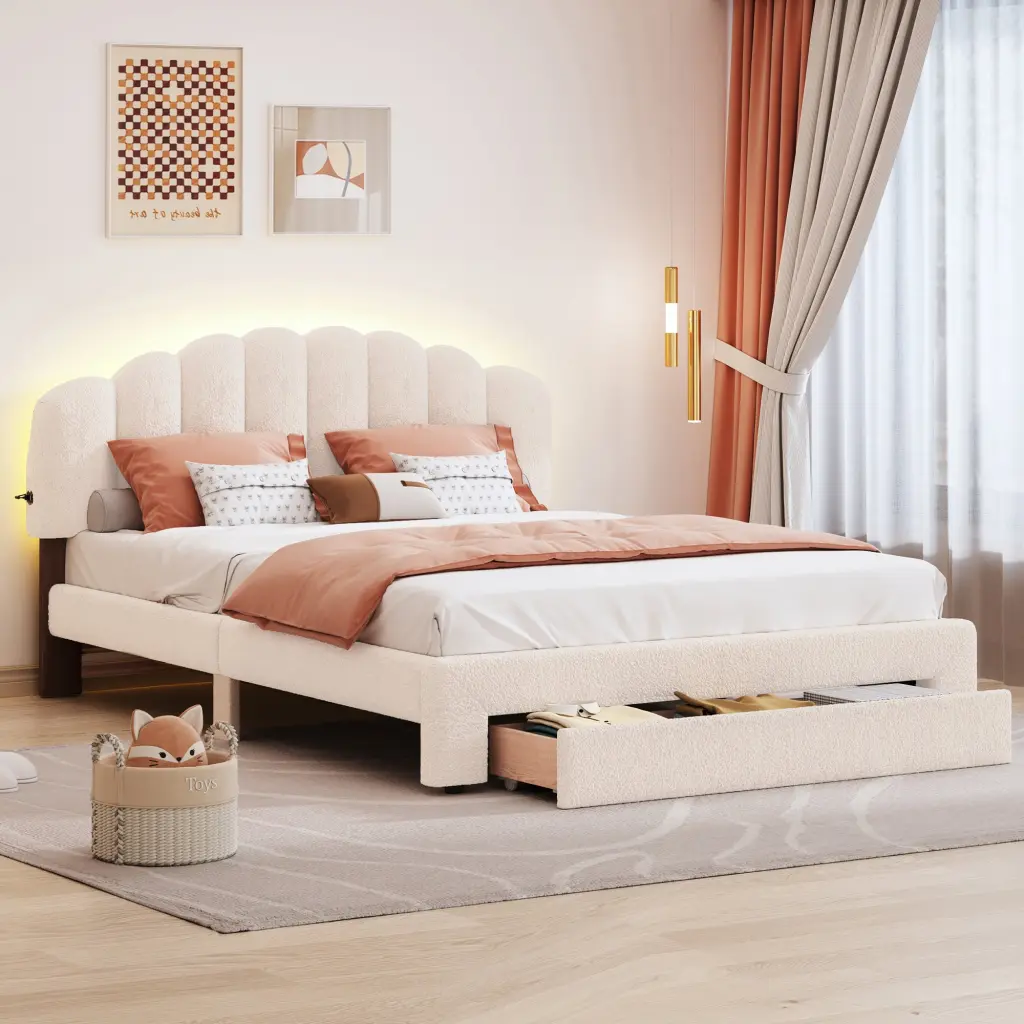 Teddy Fleece Queen Upholstered Platform Bed Drawer Beige lucky world