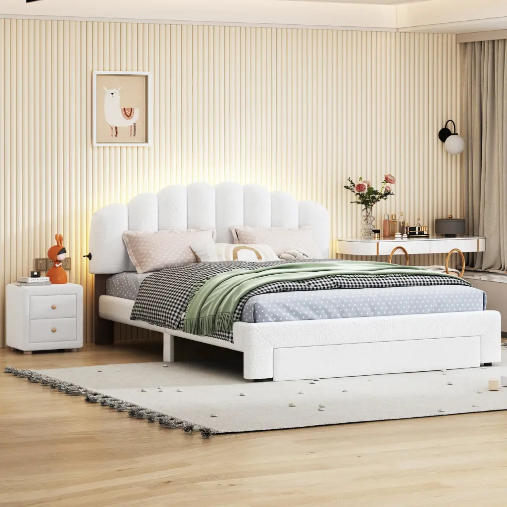 Teddy Fleece Queen Upholstered Platform Bed Nightstand White Fabric Bed Frame lucky world