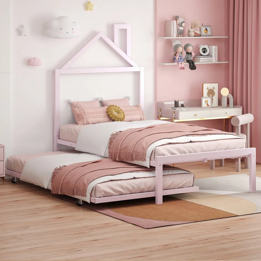 Twin Dimensions Metallic Platform Bed Trundle and House Shaped Headboard lucky world