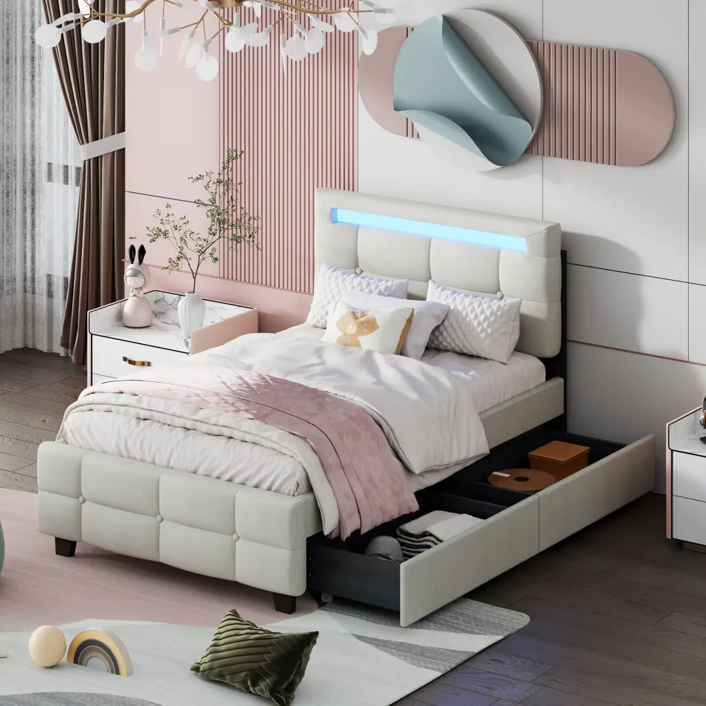 Twin Size Upholstered Platform Bed LED Frame and 2 Drawers Linen Fabric lucky world