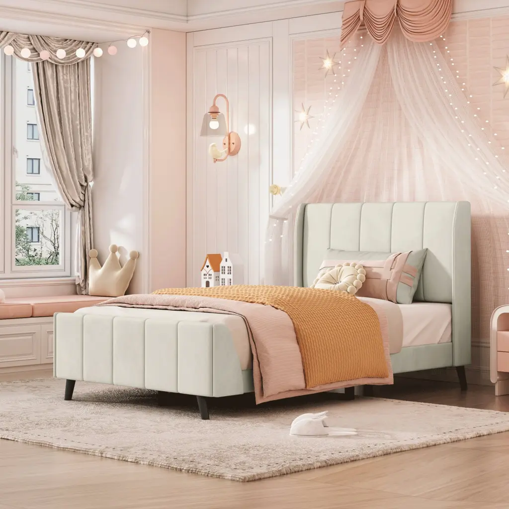 Twin Upholstered Platform Bed Velvet Beige Finish lucky world