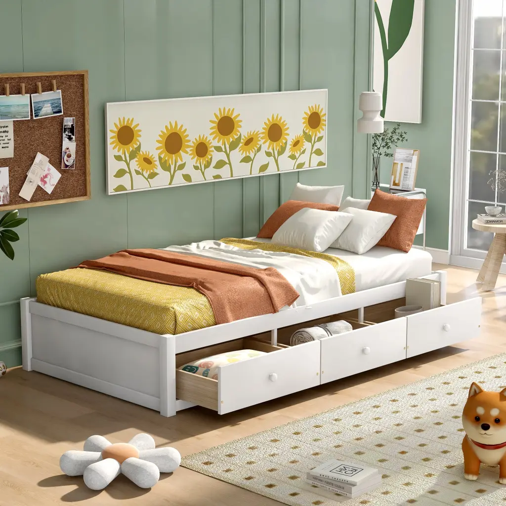 Twin Size Platform Storage Bed 3 Drawers White Solid Wood Frame omni furniture-oris fur.-