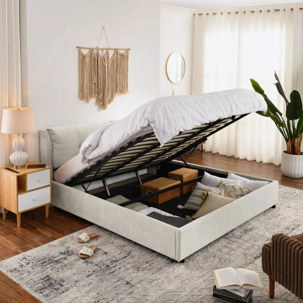 King Upholstered Hydraulic Storage Platform Bed Merged Headboard royal star