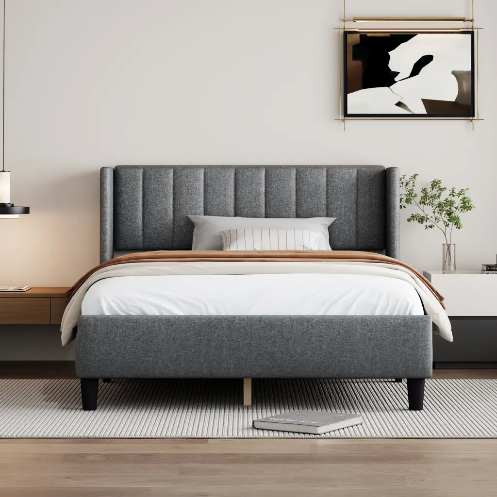 Queen Upholstered Platform Bed Frame Headboard and Mattress Foundation sarkozy
