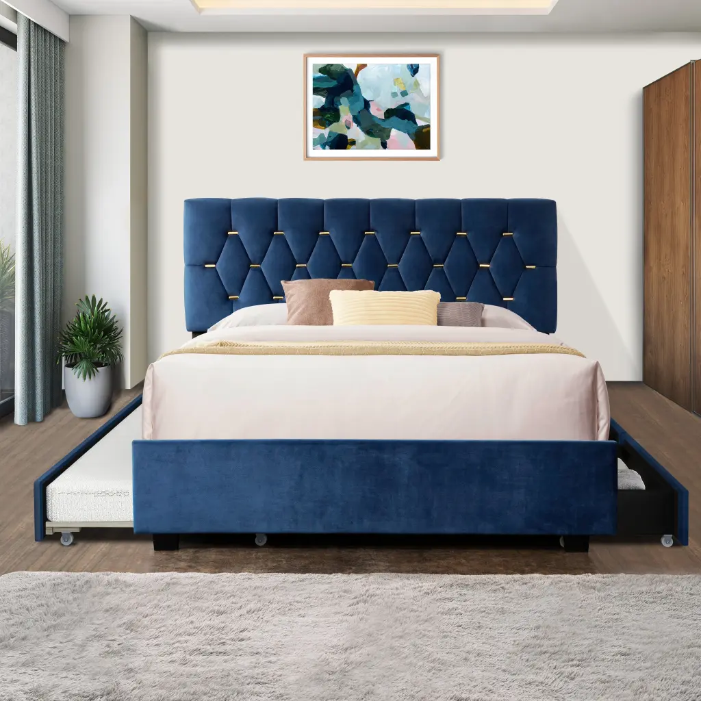 Blue Queen Size Trundle Pull Out Drawers Storage Upholstered Bed Modern Platform Bed serene