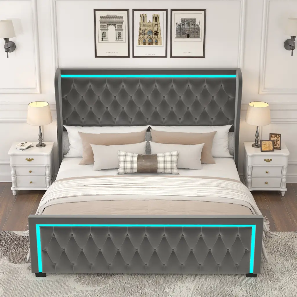 Queen Platform Bed Frame High Velvet Upholstered Headboard welike furniture