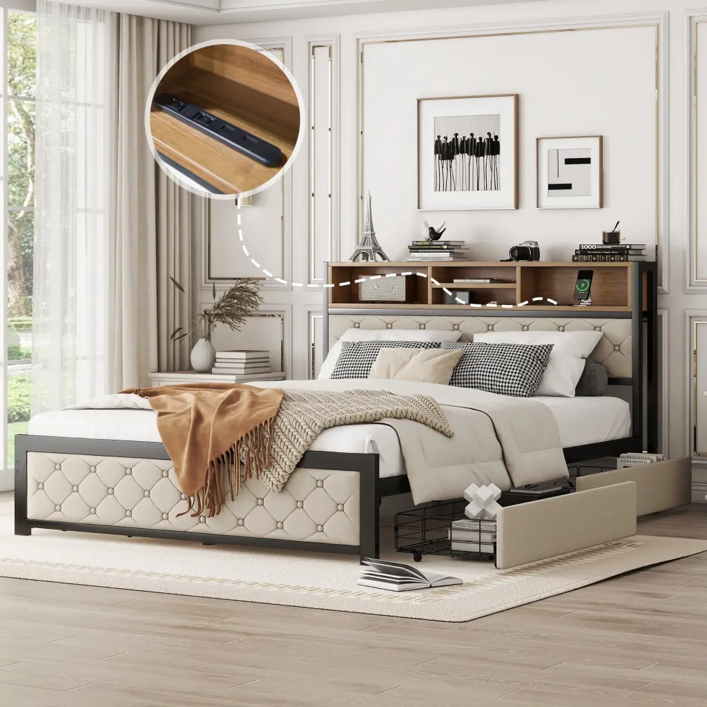Metal Queen Platform Bed 4 Drawers Upholstered Headboard Storage wm dreamland