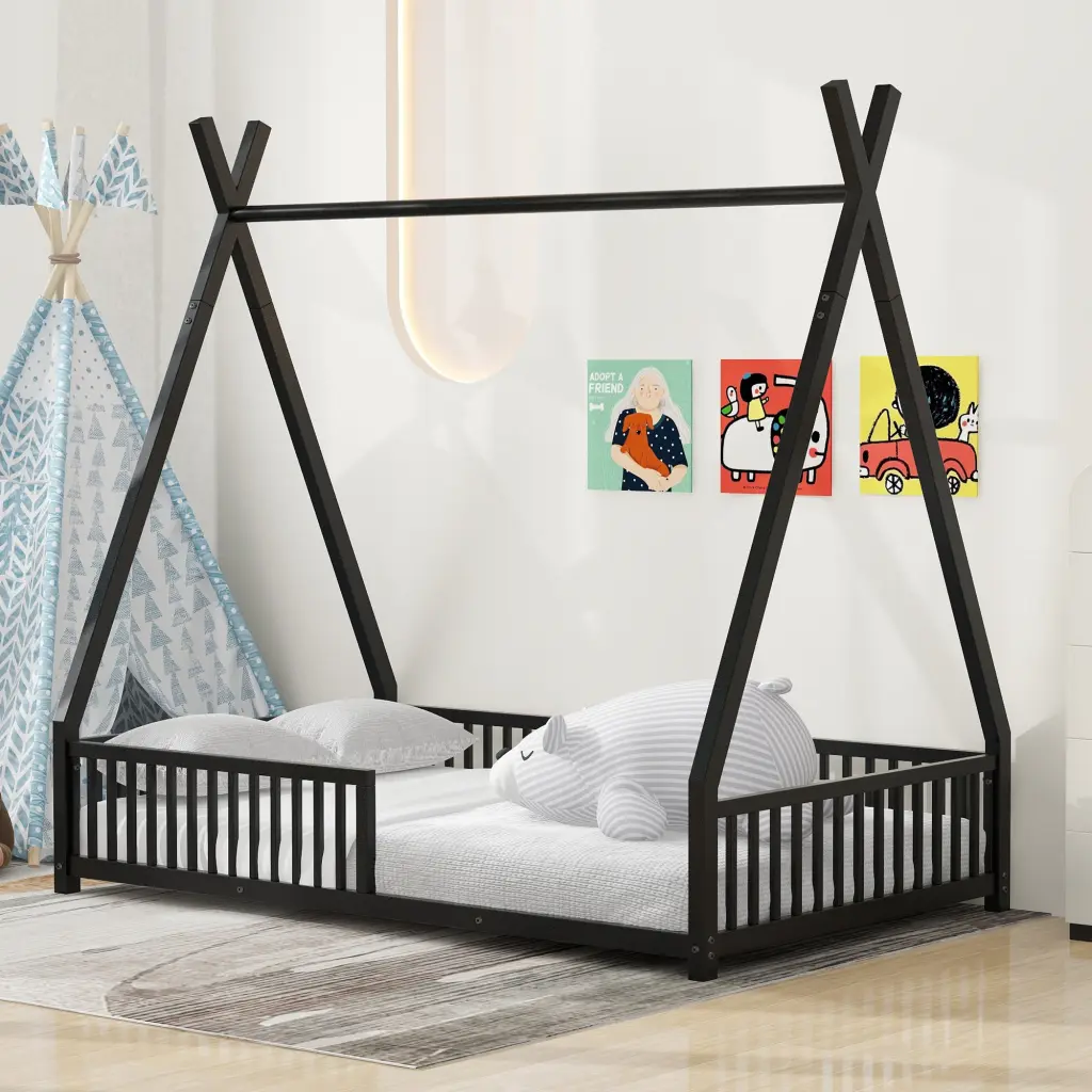 Metal Twin Size Houtilize Platform Bed Triangle Structure and Guardrails wm dreamland