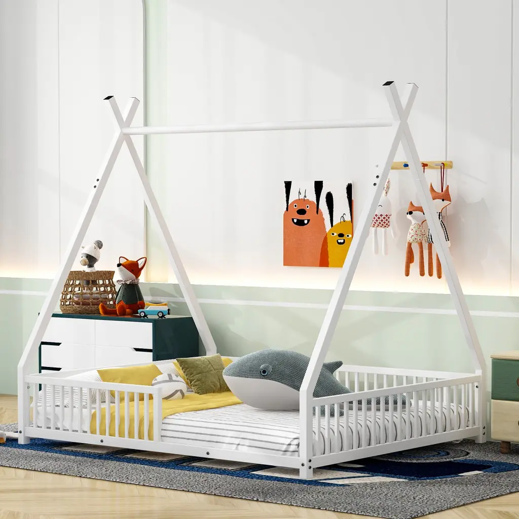 Metallic Full Dimensions House Platform Bed Triangle Structure And Guardrail wm dreamland