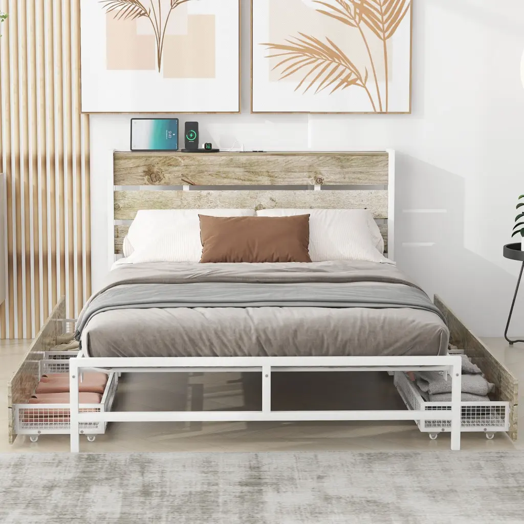 Metallic Platform Bed Four Drawers Sockets USB Ports Full Size White wm dreamland