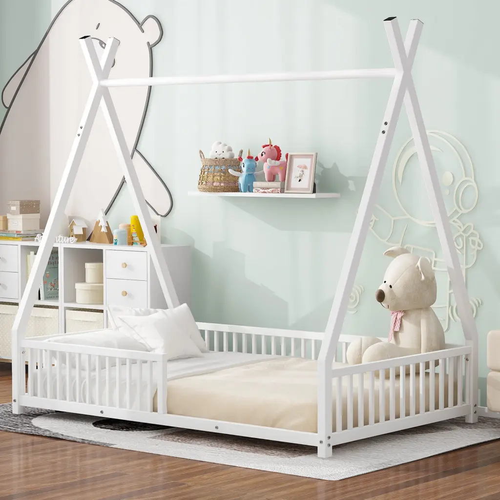 Metallic Twin Dimensions House Platform Bed Triangle Structure and Guardrail wm dreamland