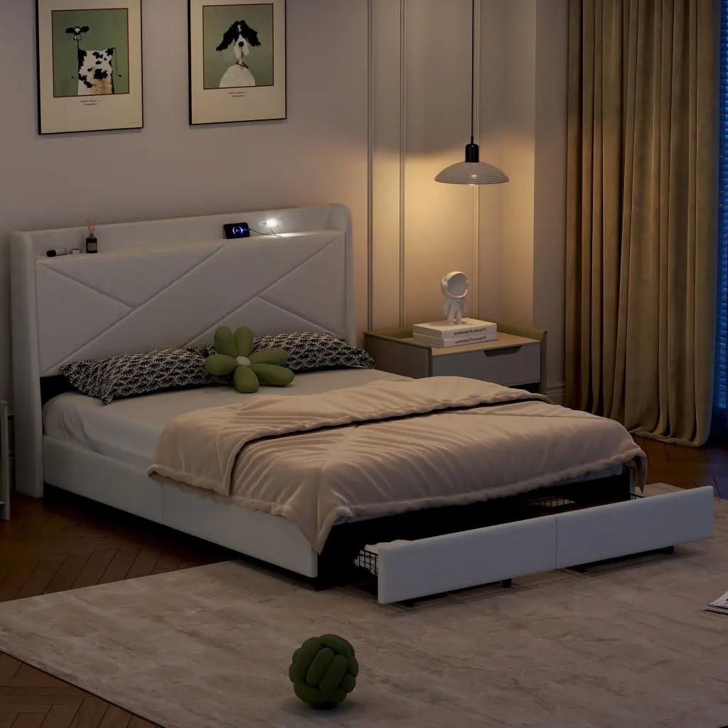 Queen Dimensions Upholstery Platform Bed Storage Headboard Led Usb Charging wm dreamland