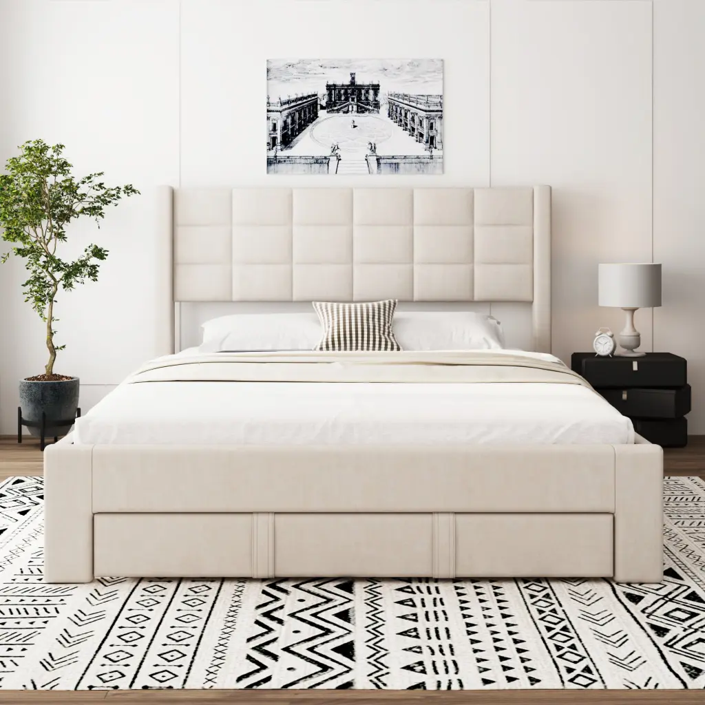 Queen Size Upholstered Platform Bed Big Drawer Beige Box Spring wm dreamland