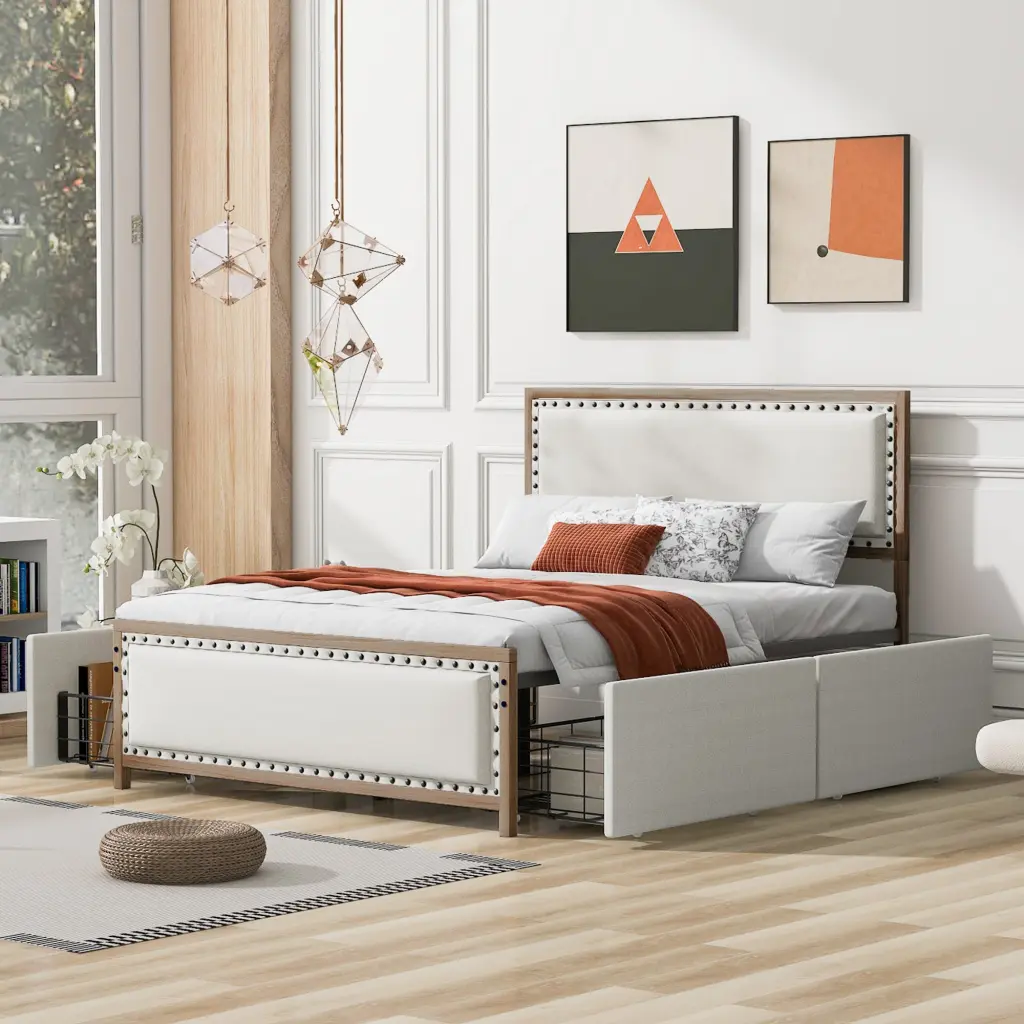 Queen Size Upholstered Platform Bed Decoration And 4 Drawers wm dreamland