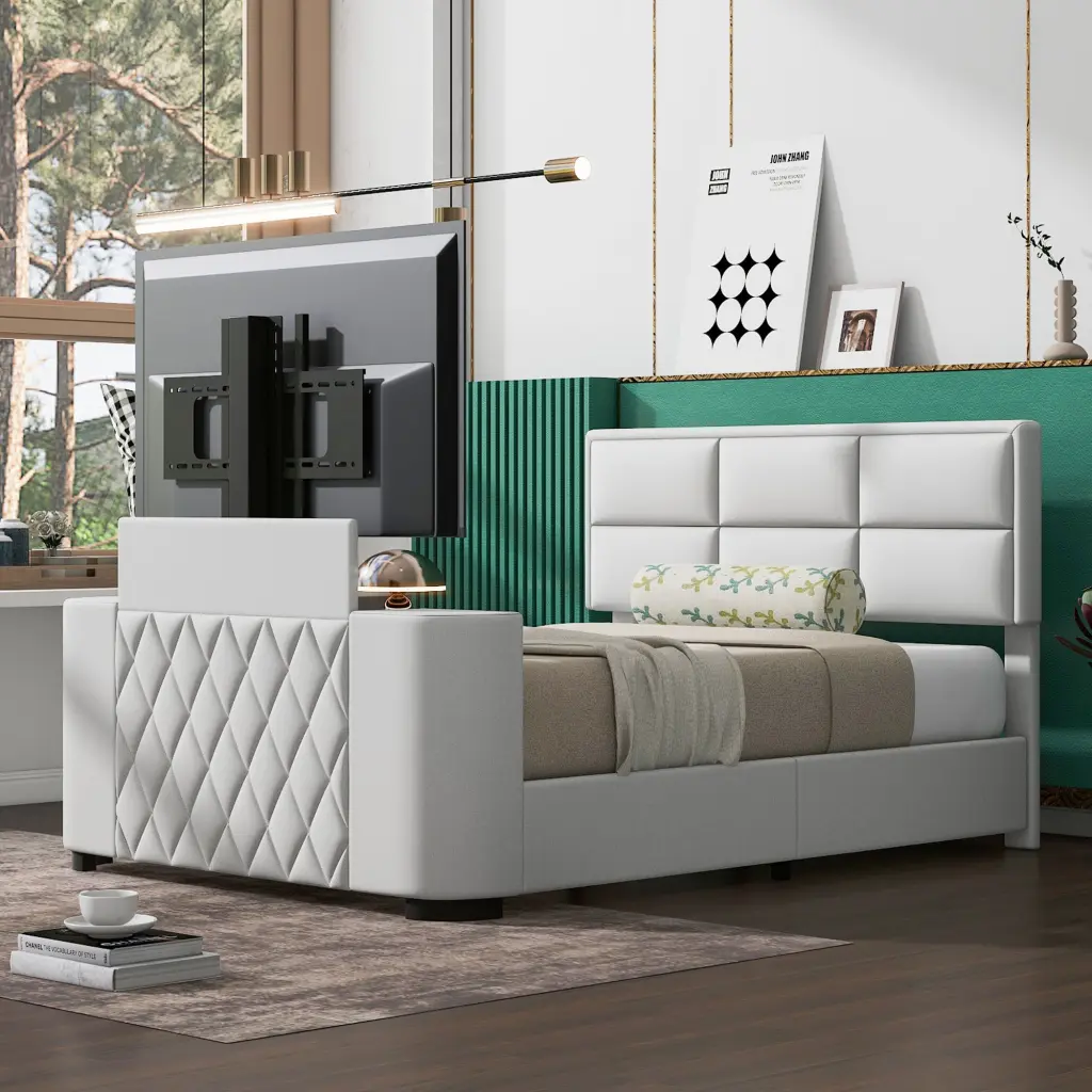 Queen Size Upholstered TV Platform Bed Frame Adjustable Headboard wm dreamland
