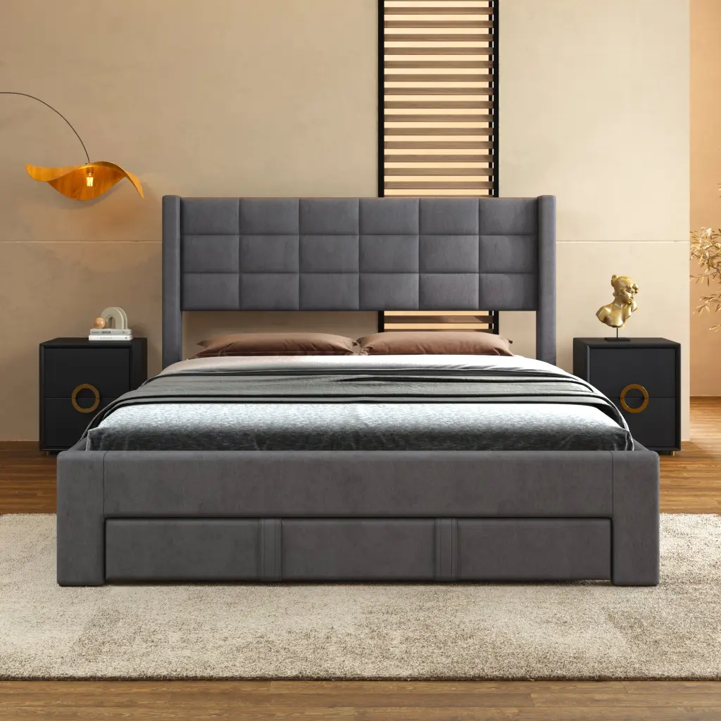 Queen Upholstered Platform Bed Big Drawer Gray Box Spring wm dreamland