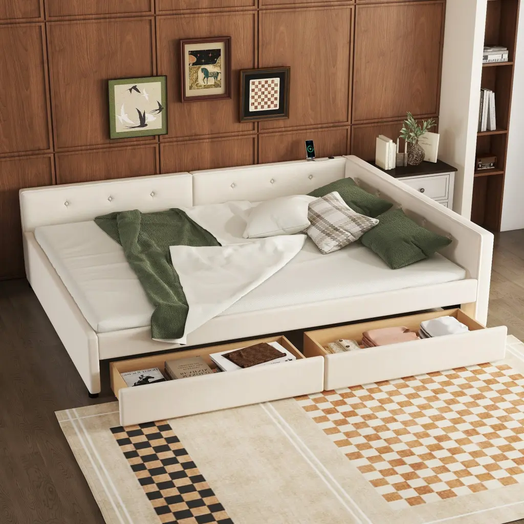 Queen Upholstered Platform Bed USB And 2 Drawers Beige Box wm dreamland