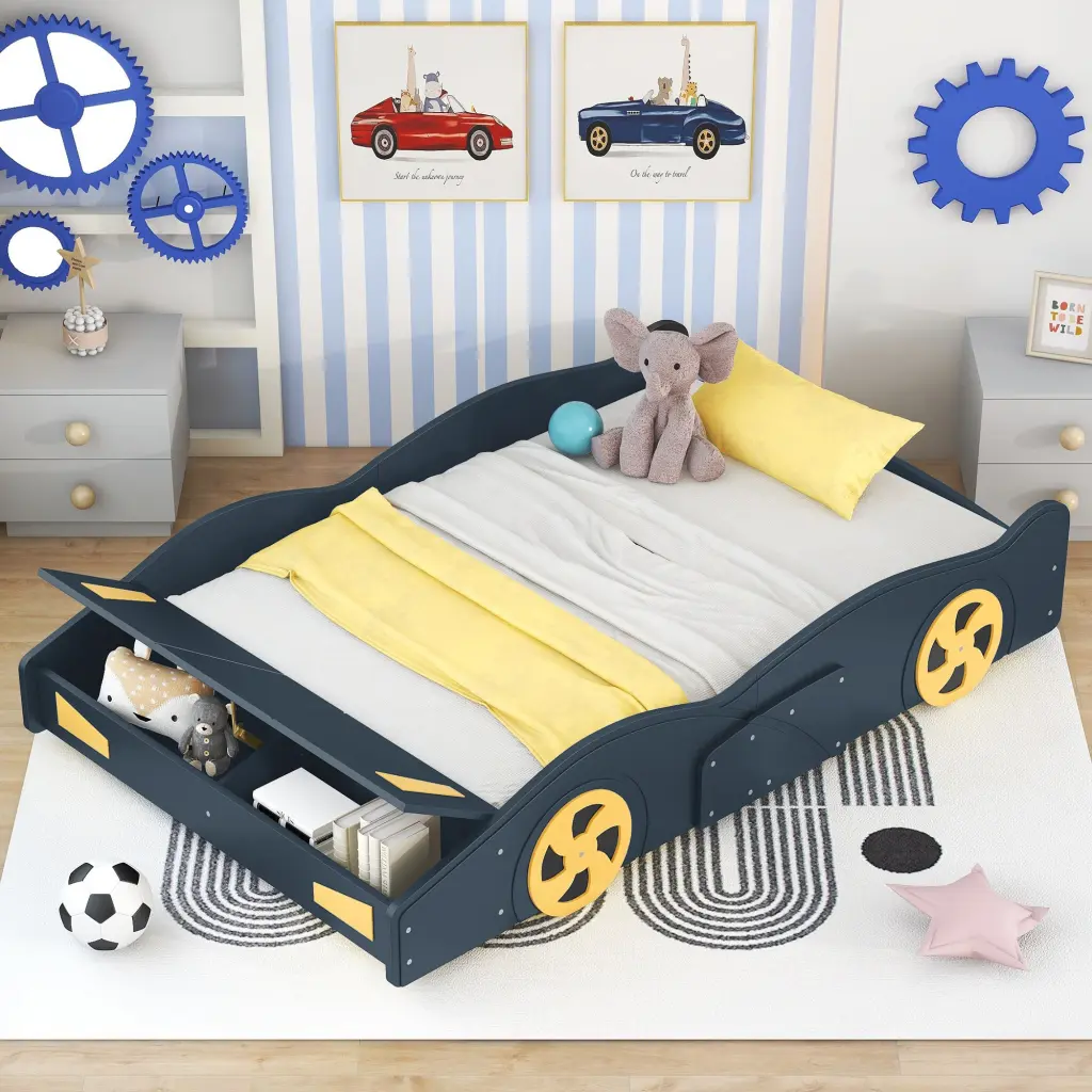 Full Dimensions Race Car Shaped Platform Bed Wheels And Storage Dark B wm store
