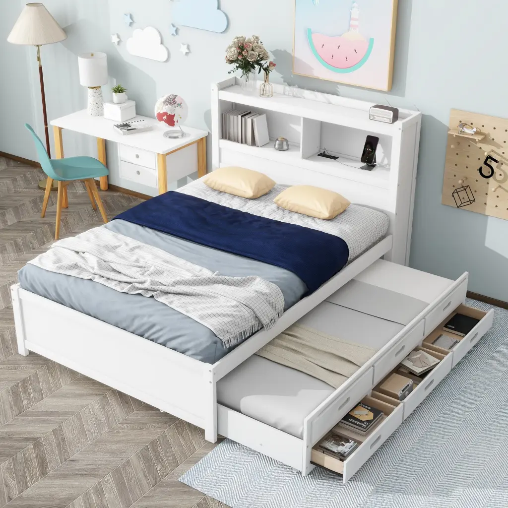 Full Platform Bed Trundle Drawers And USB Plugs White Finish wm store