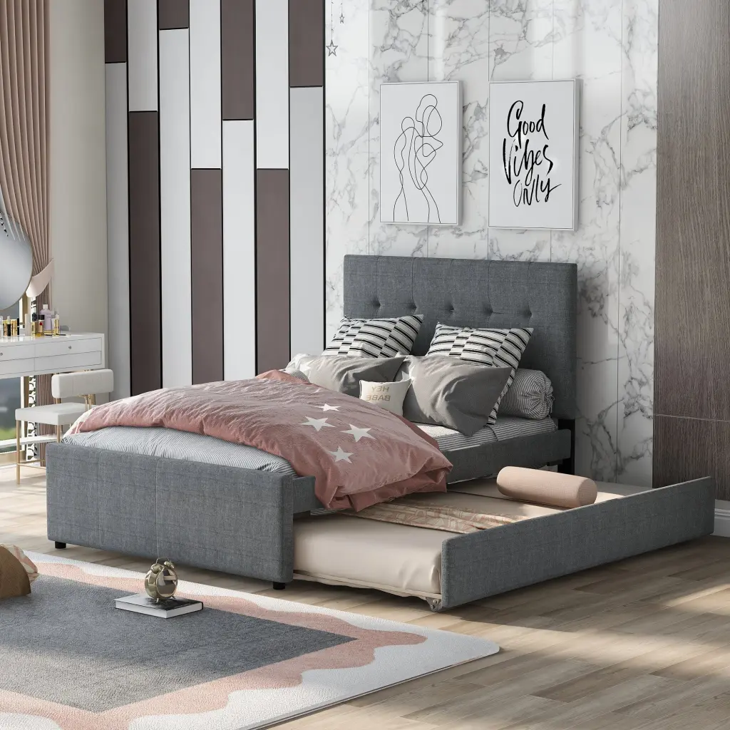Linen Upholstered Platform Bed Headboard And Trundle Full Gray wm store