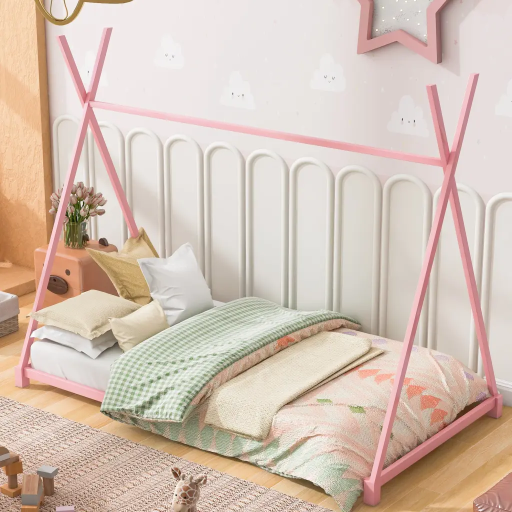 Metal Twin Platform Bed Triangle Structure Pink - Sturdy Houtilize Design wm store