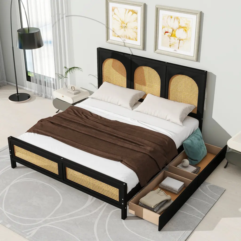 Queen Dimensions Timber Storage Platform Bed 2 Drawers Rattan Headboard Bedroom wm store