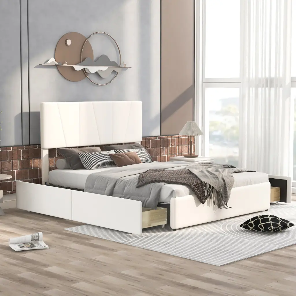 Queen Dimensions Upholstery Platform Bed Four Drawers On Two Sides Adj wm store