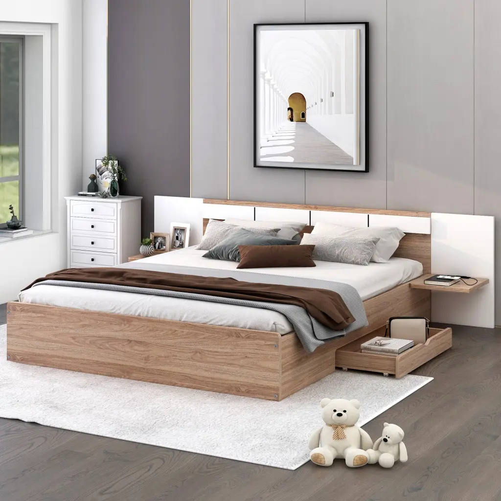 Queen Platform Bed Headboard, Drawers, Shelves, and USB Ports wm store