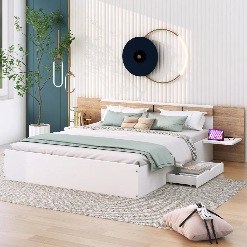 Queen Platform Bed Headboard, Drawers, Shelves, and USB Ports, Modern Storage Bed wm store