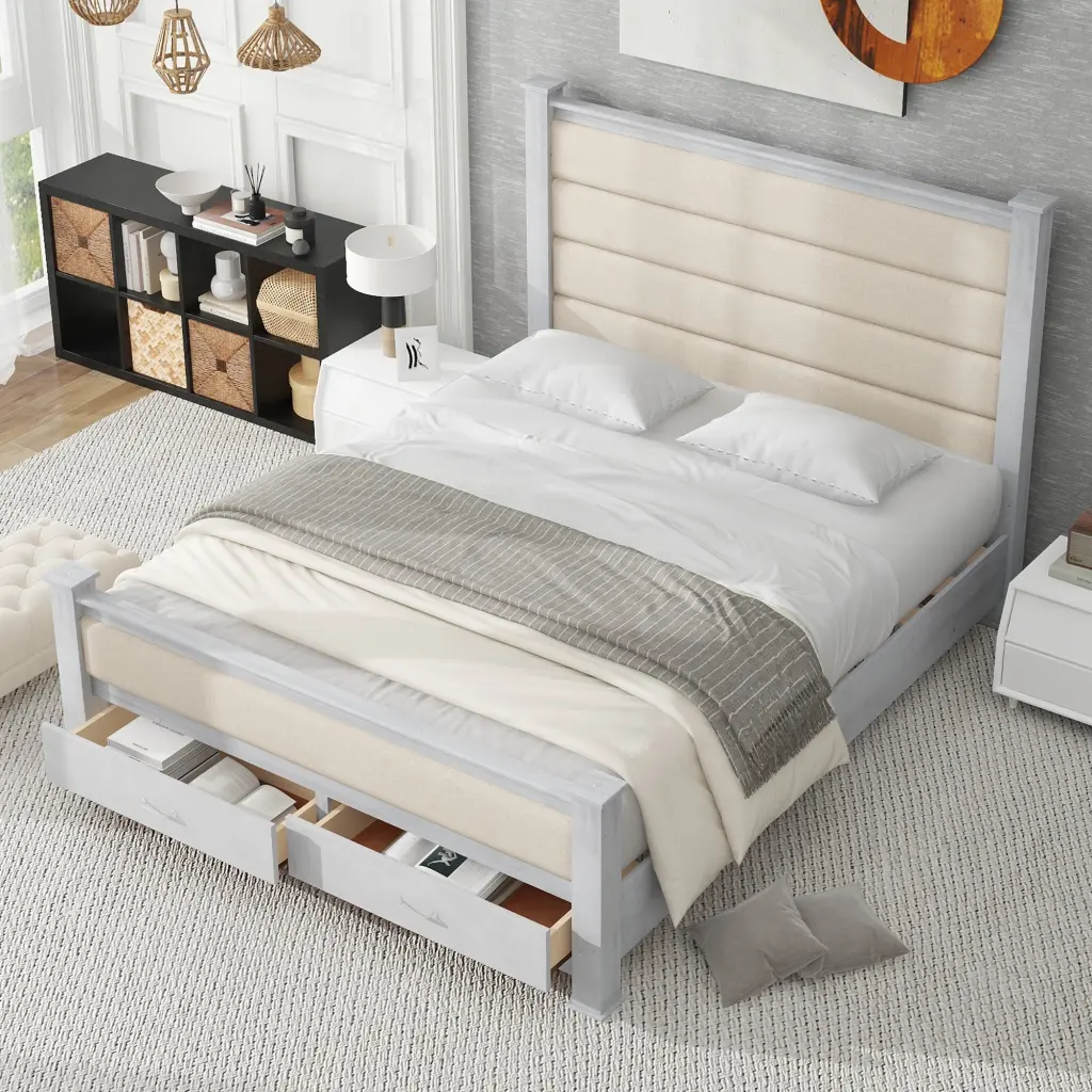 Queen Size Wood Frame Platform Bed Upholstered Headboard and Footboard wm store