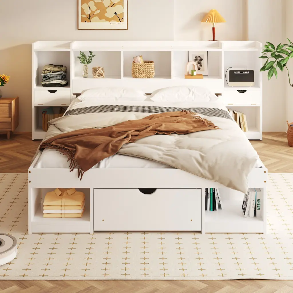 Queen Size Wood Platform Bed Multi Storage Headboard And Drawer wm store