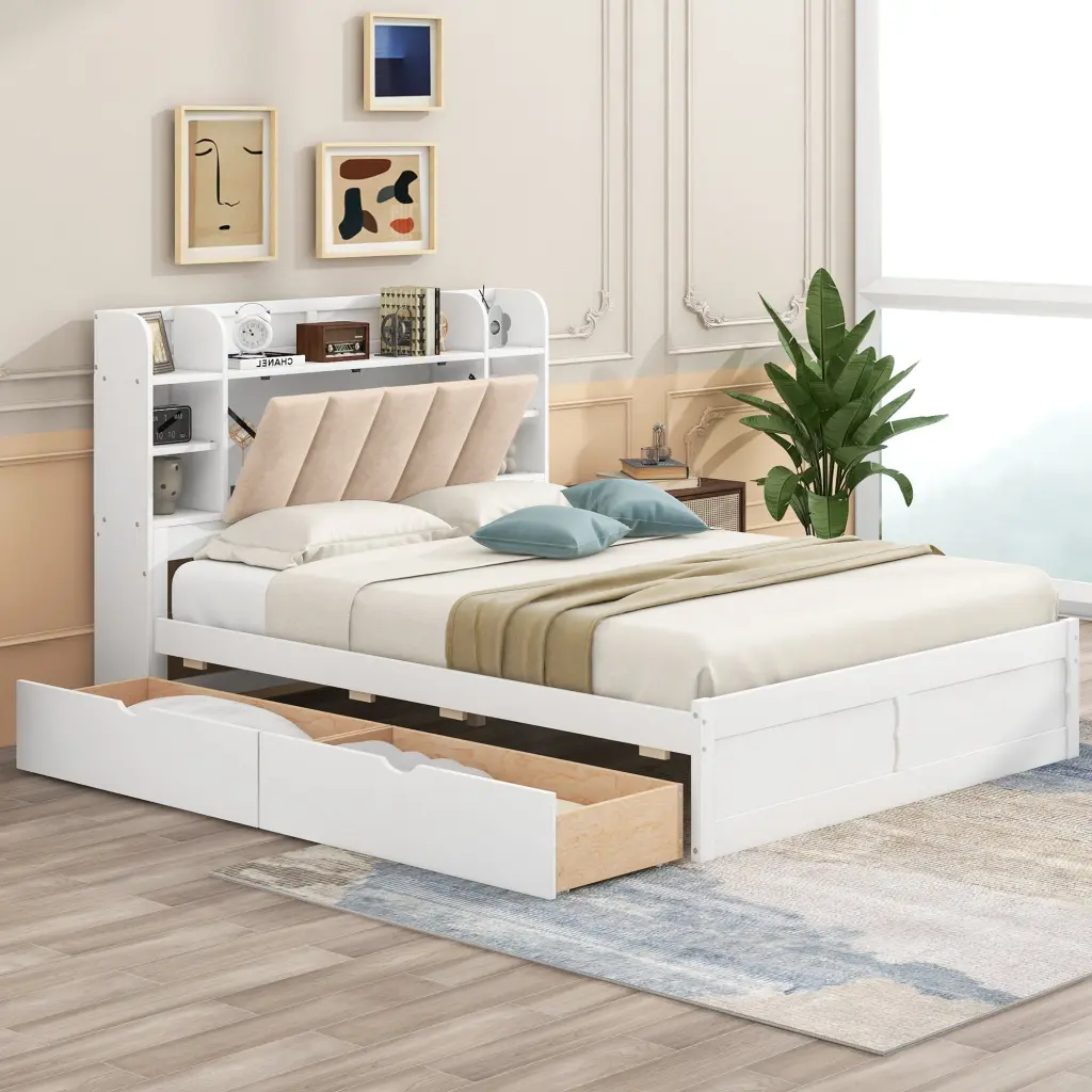 Queen Size Wood Platform Bed Storage Headboard and Shelves wm store