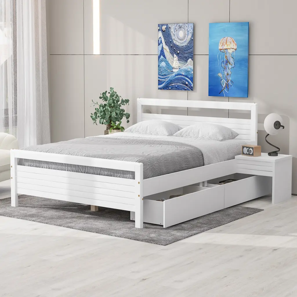 Queen Size Wooden Platform Bed 2 Storage Drawers and 2 Bedside Tables wm store