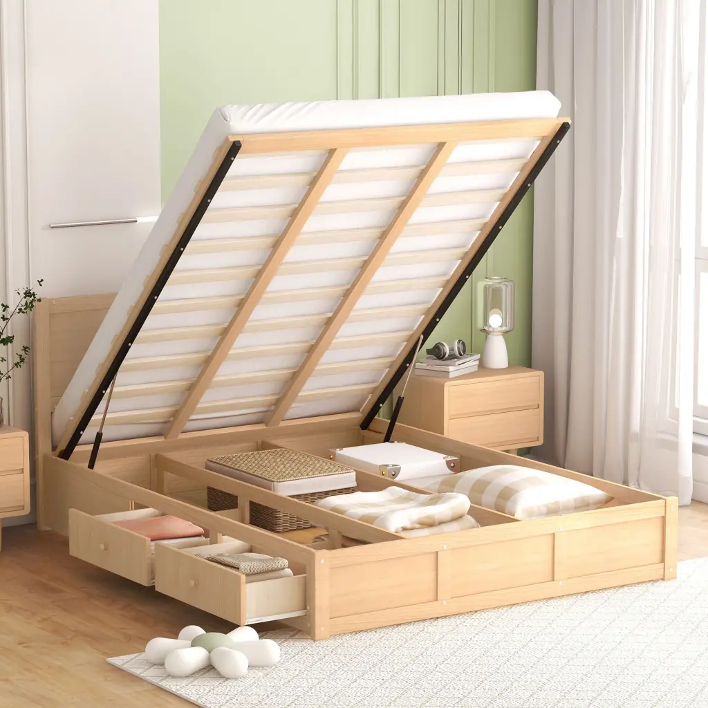 Queen Wood Platform Bed Underneath Storage and 2 Drawers - Modern Design wm store