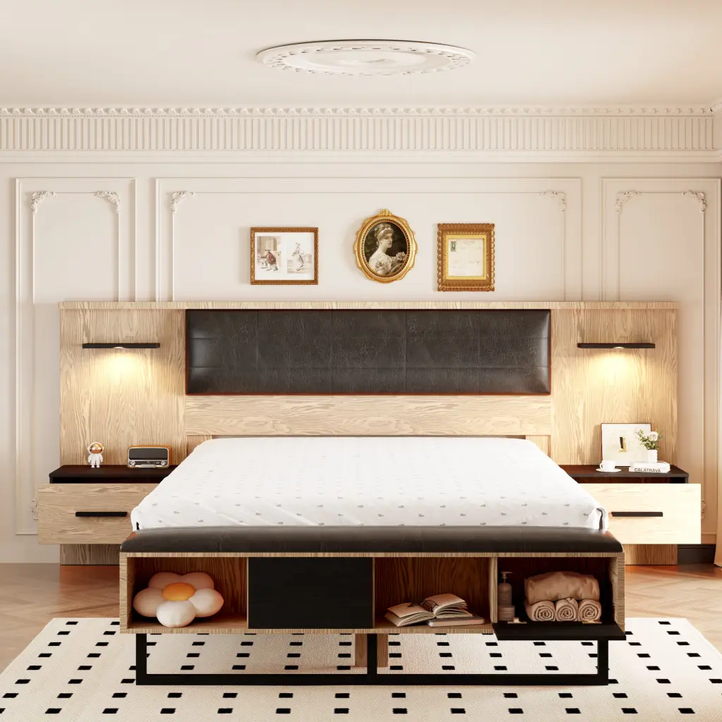 Queen Wood Platform Bed Upholstered Headboard Lights And Storage wm store