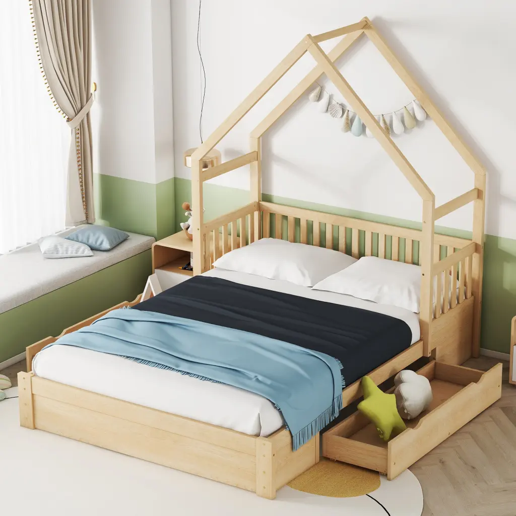 Timber Queen House Platform Bed Guardrail And 2 Drawers Natural Finish wm store