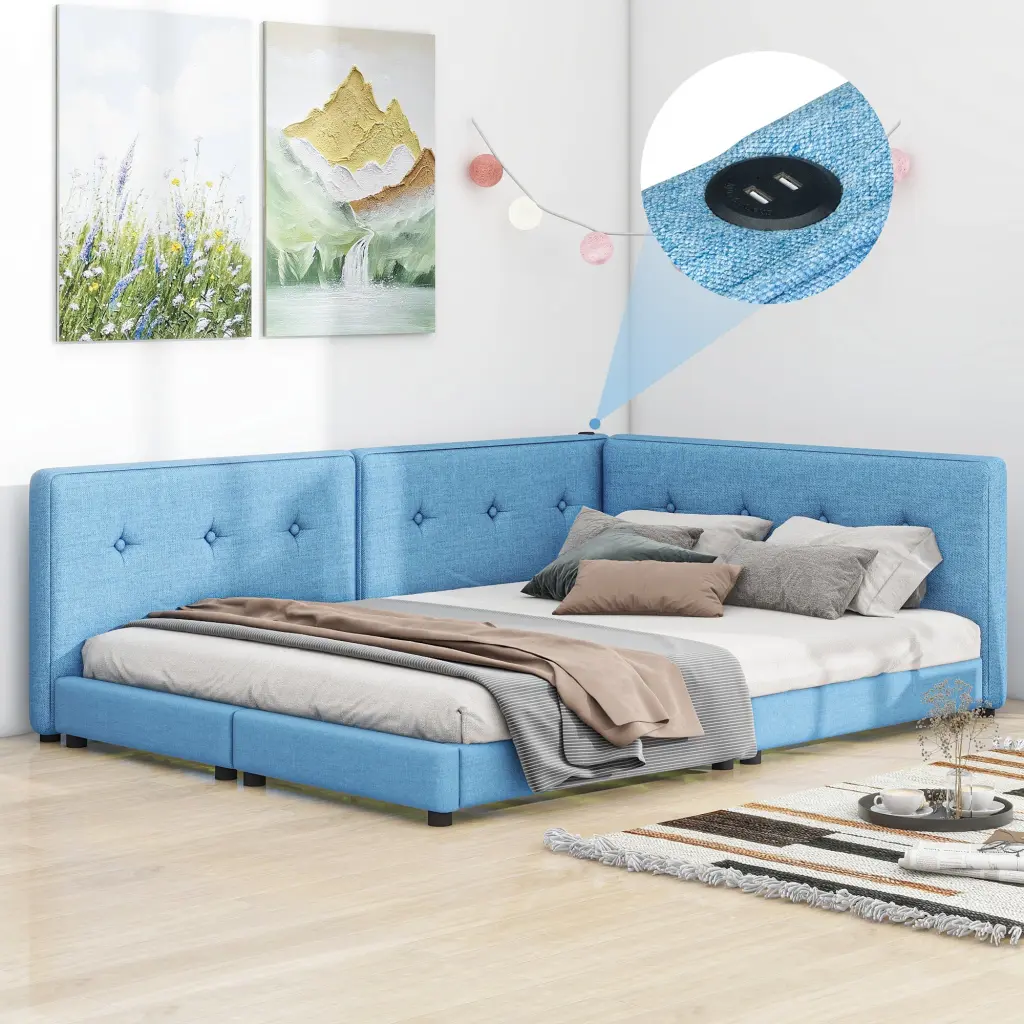 Upholstered Queen Platform Bed USB Ports Blue Box Spring Not Included wm store
