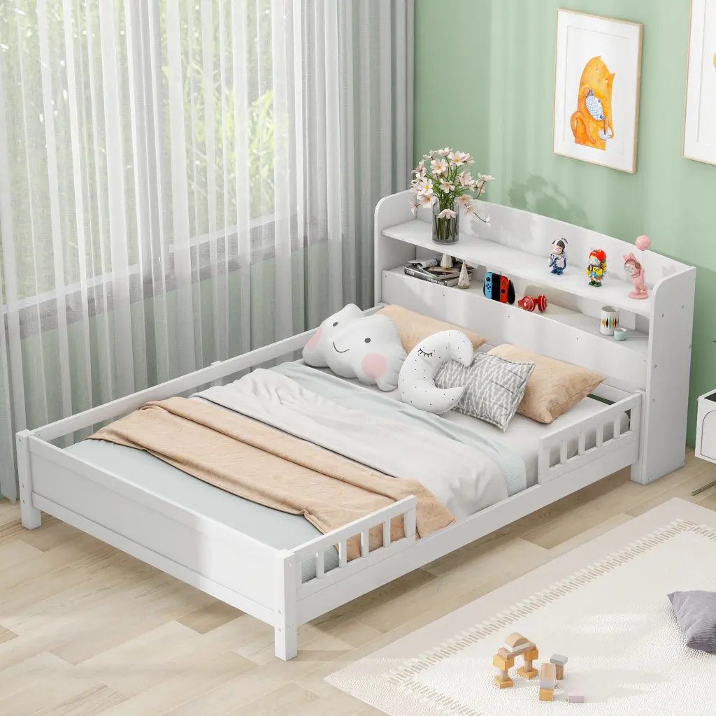 Wood Full Size Platform Bed Built LED Light Storage Headboard wm store