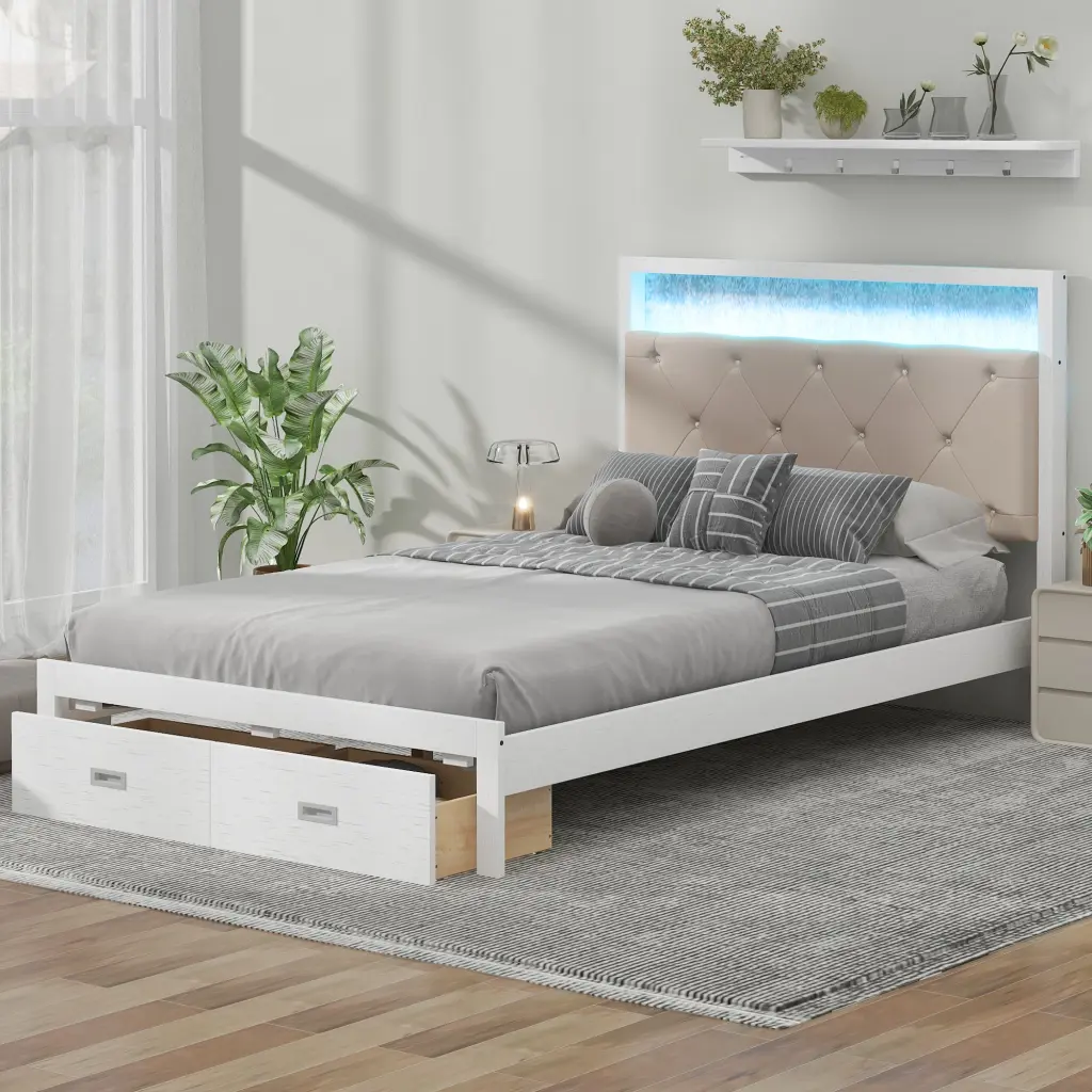 Wood Full Size Platform Bed Upholstered Headboard and LED Lights wm store