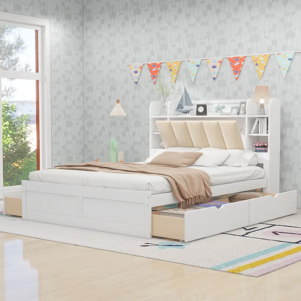 Wood Queen Platform Bed Storage Headboard, Shelves, and 4 Drawers wm store