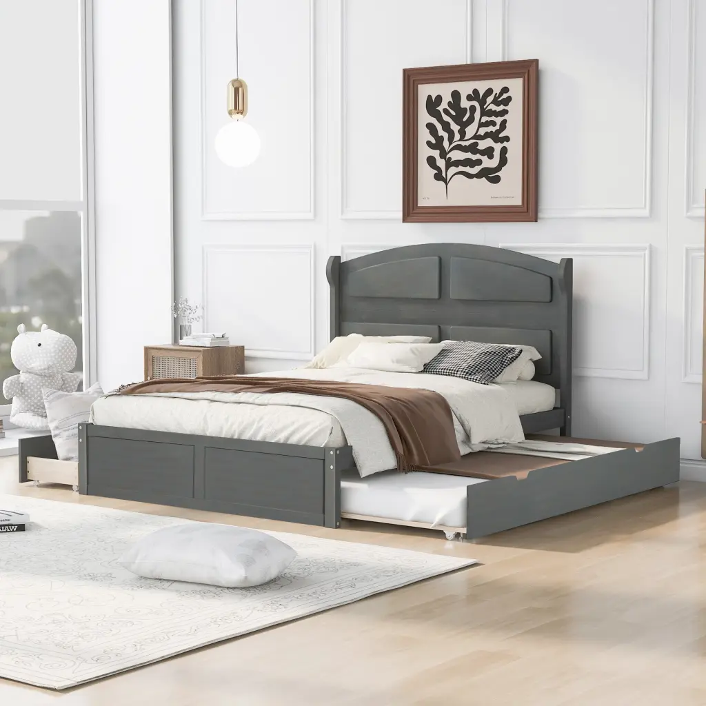 Wood Queen Platform Bed Twin Trundle And 2 Drawers Antique Finish wm store
